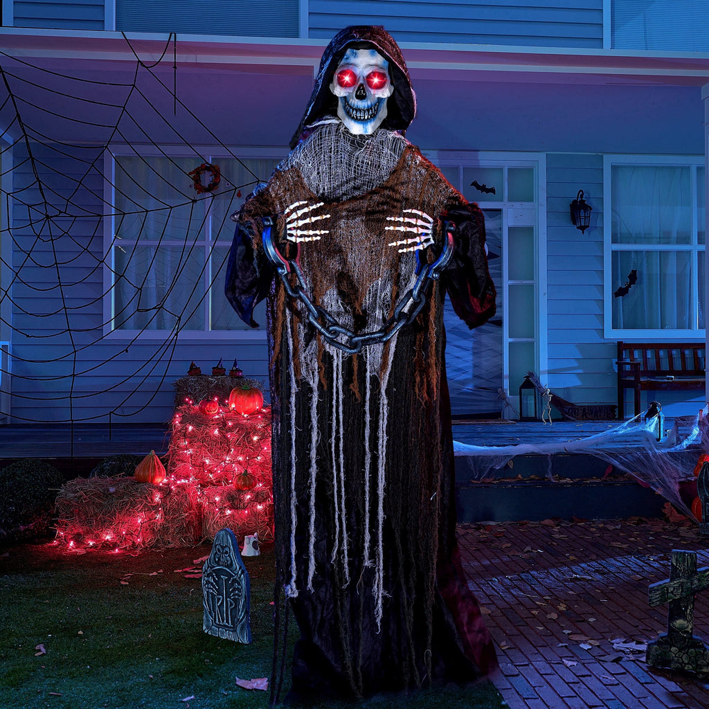 Witchwood™ 67" Standing Grim Reaper with Chain, Large Halloween Decorations Outdoor, Life Size Animatronics Skelton, Sound-Actived Party Decor with Creepy Sound & LED Eyes, Scary Haunted House Props