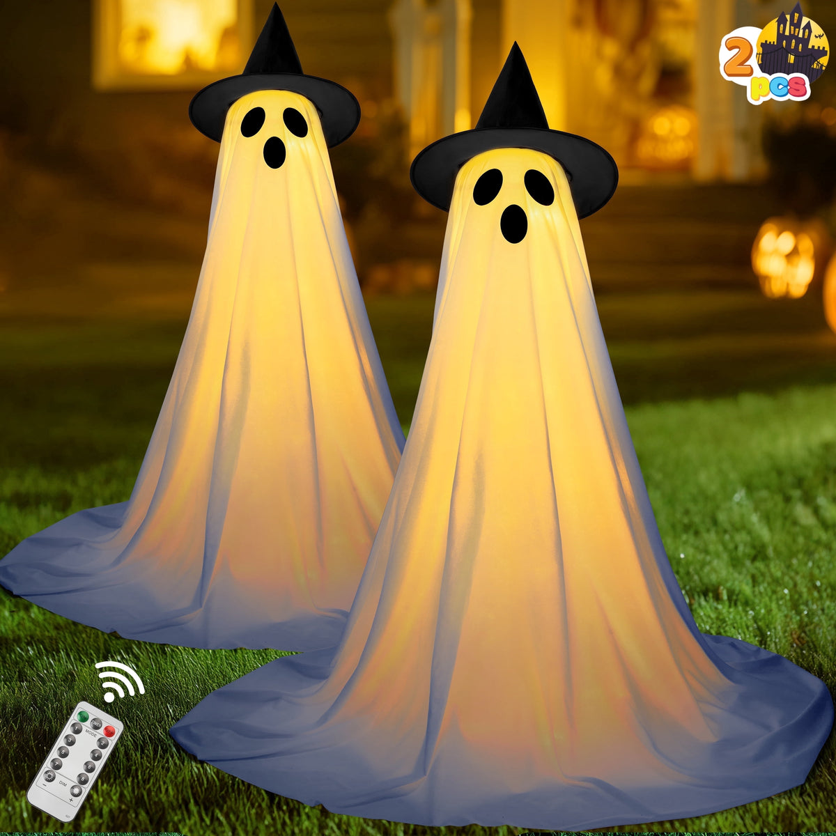 Witchwood™ 2 Packs Halloween Decorations Outdoor,Light Up Halloween Spooky Standing Ghost with Witch Hat,Scary Ghosts Decor with LED Lights for Front Porche Yard Garden Home
