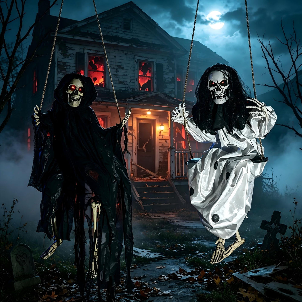 Witchwood™ 2 Packs Halloween Decorations Outdoor Hanging Swinging Skeleton Ghosts,3 ft Light Up Creepy Grim Reaper Decorations for Halloween Hanging Decorations Indoor Outdoor Yard