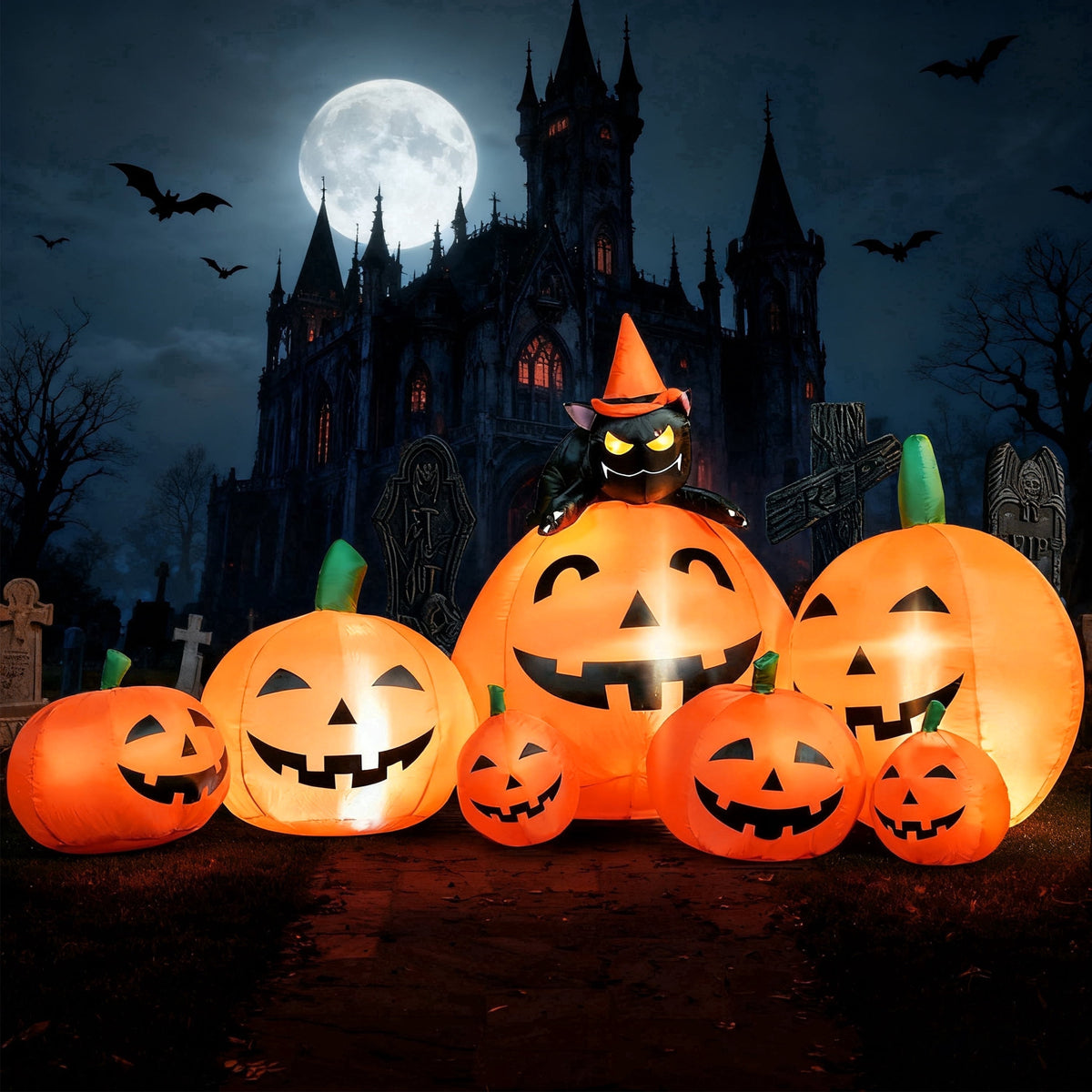 Witchwood™ 7 ft Halloween Inflatable Long Pumpkin with Witch's Cat Decorations Inflatables with Build-in LEDs,Halloween Decor Outdoor Blow Up Yard Decorations
