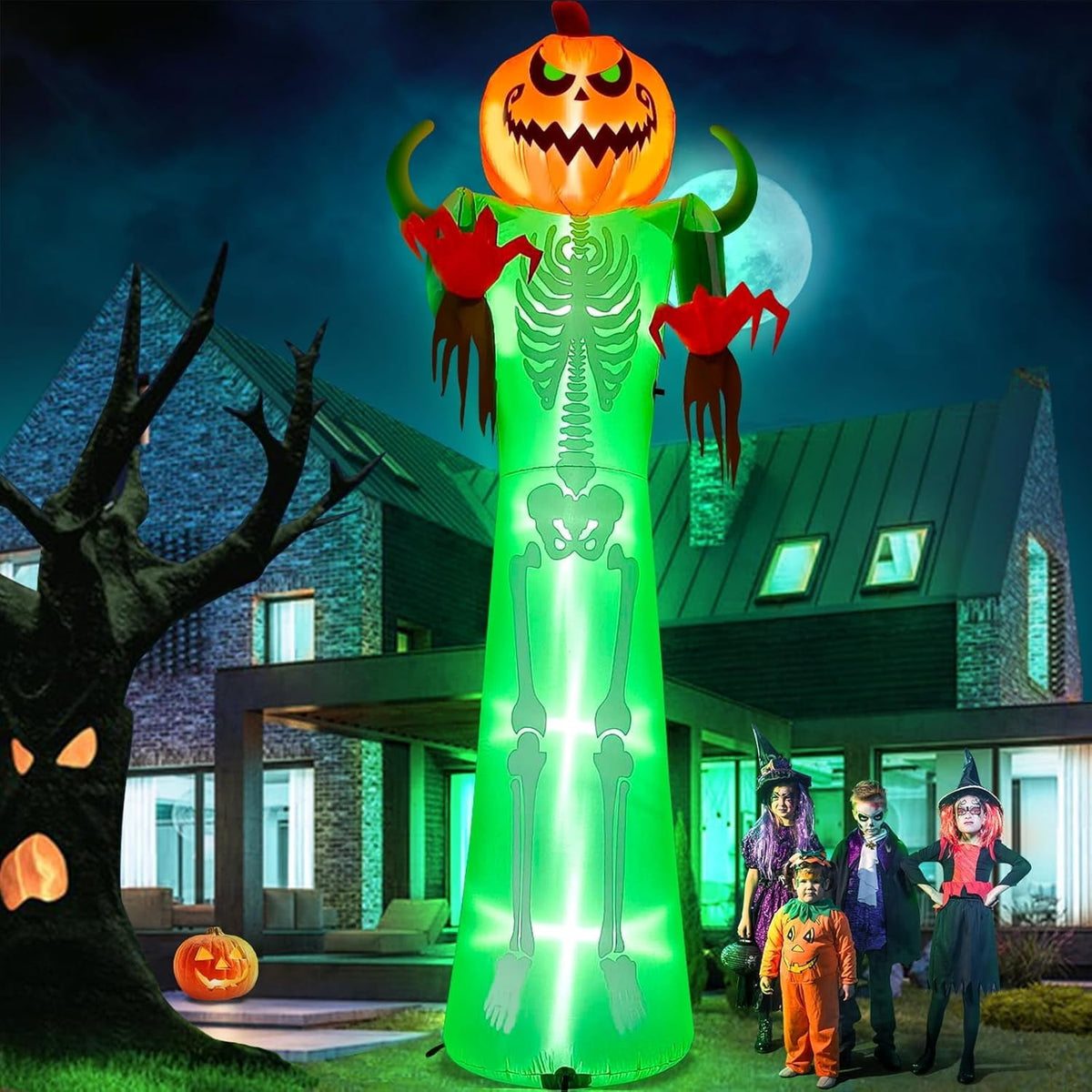 Witchwood™ 12FT Halloween Inflatable with LED Lights ? Giant Pumpkin & Skeleton Outdoor Decoration for Yard, Lawn, Home, & Party ? Scary Blow-Up Halloween Holiday Decor