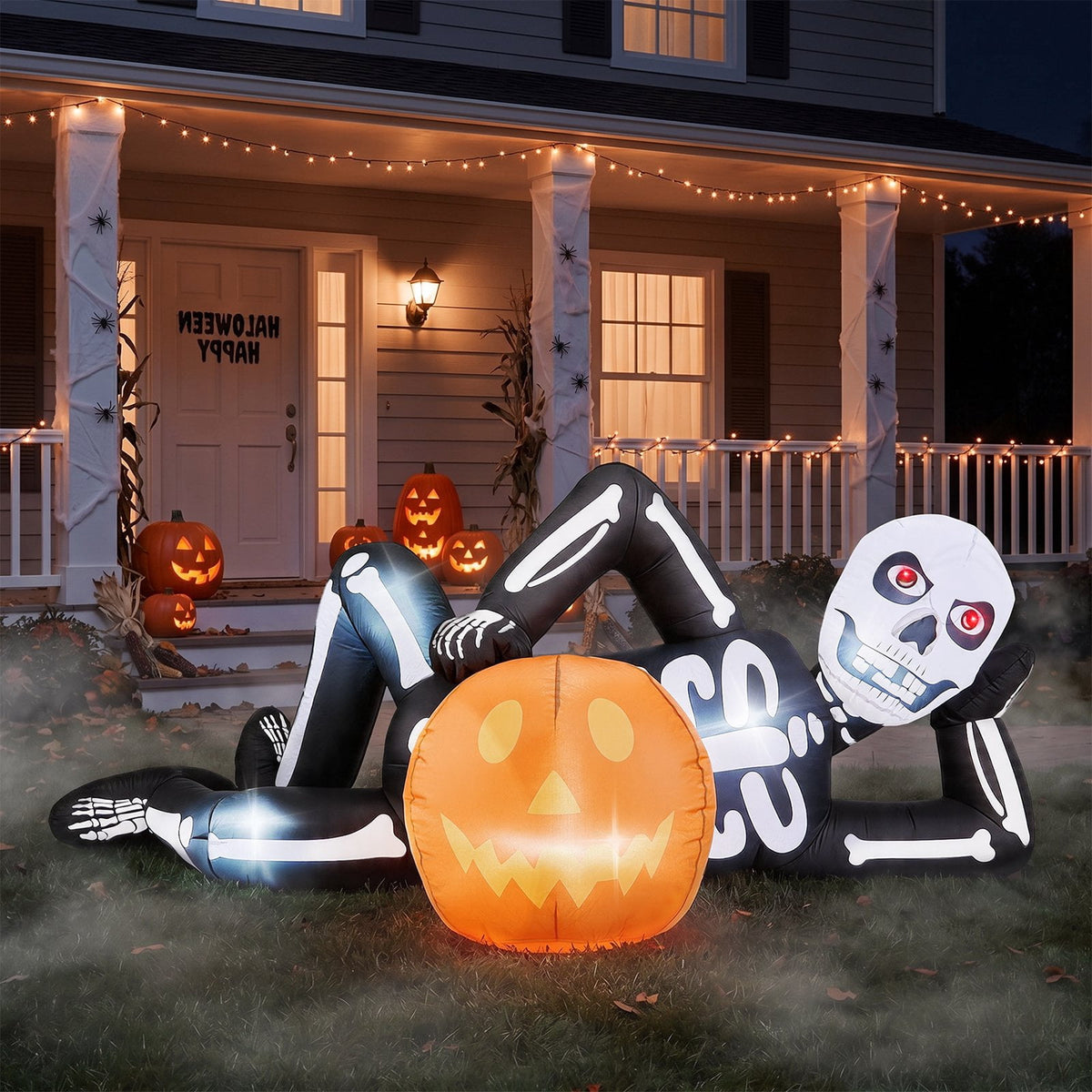 Witchwood™ 7' Halloween Inflatables Skeleton Outdoor Halloween Decoration Reclining Skeleton with Pumpkin,Built-In LED Lights