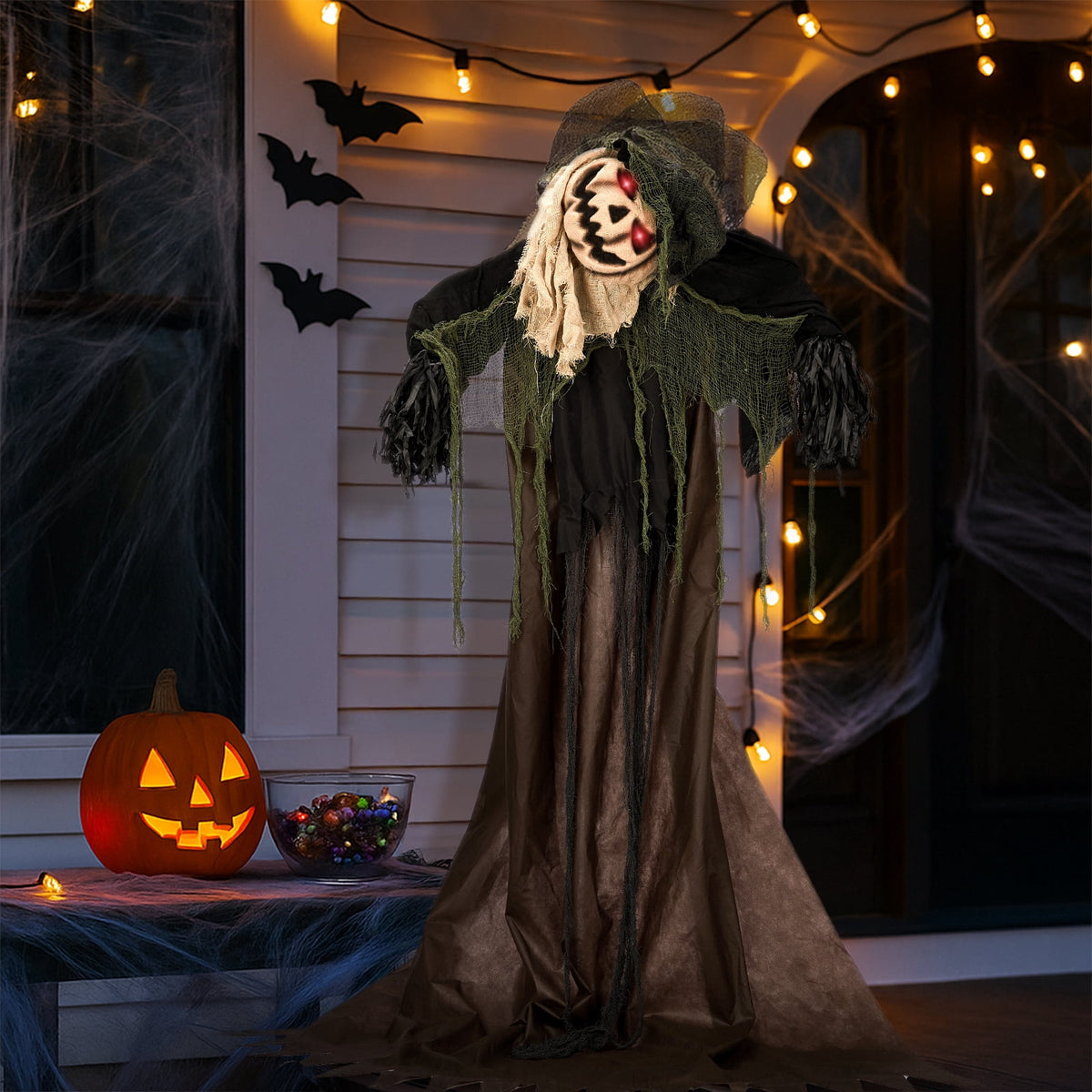 Witchwood™ 6ft Pumpkin Man Animated Animatronic Decoration Creepy Halloween w/ Classic Cape Creepy Cloaked Jack-o'-Lantern