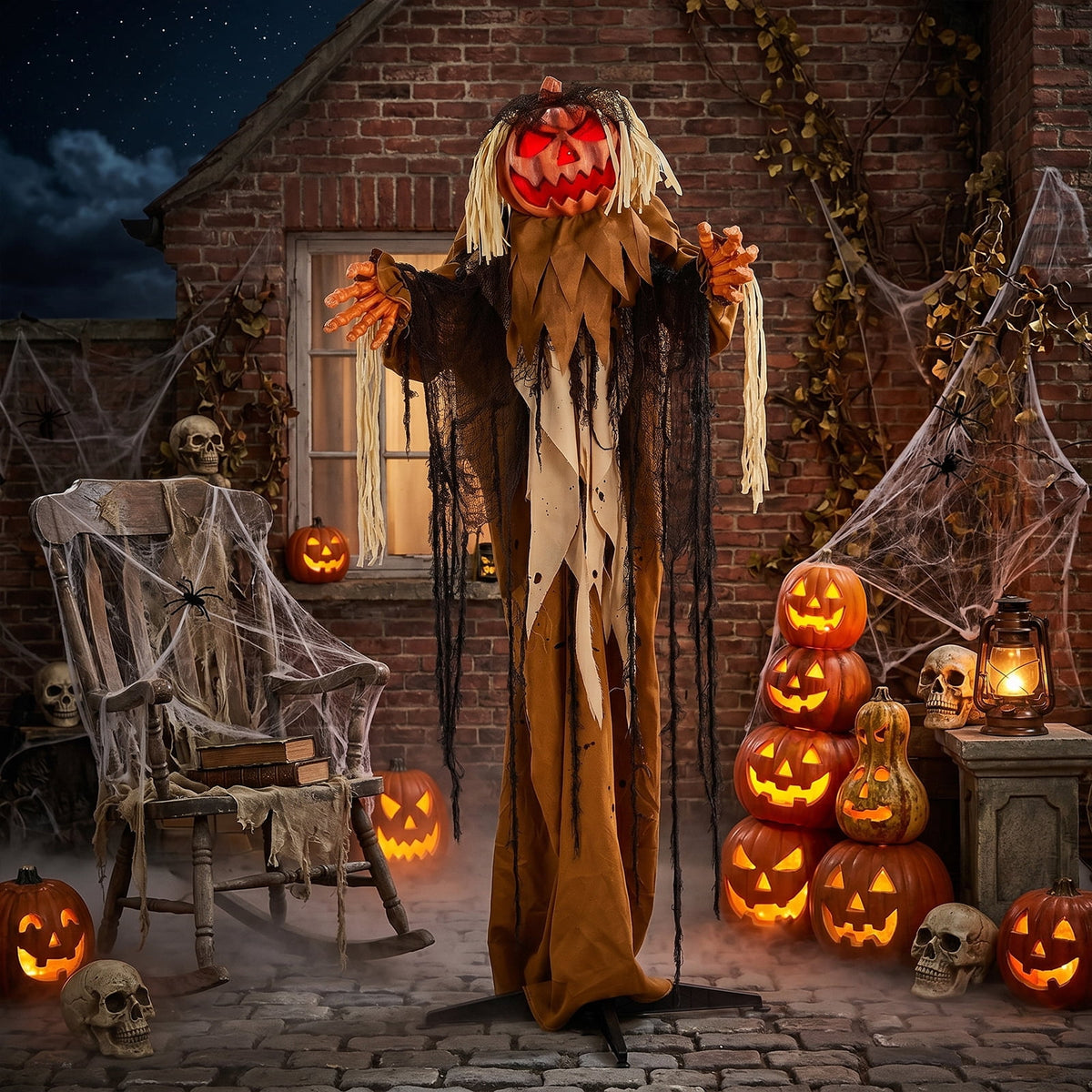 Witchwood™ 6ft Pumpkin Man Animated Animatronic Decoration Creepy Halloween w/ Classic Cape Creepy Cloaked Jack-o'-Lantern