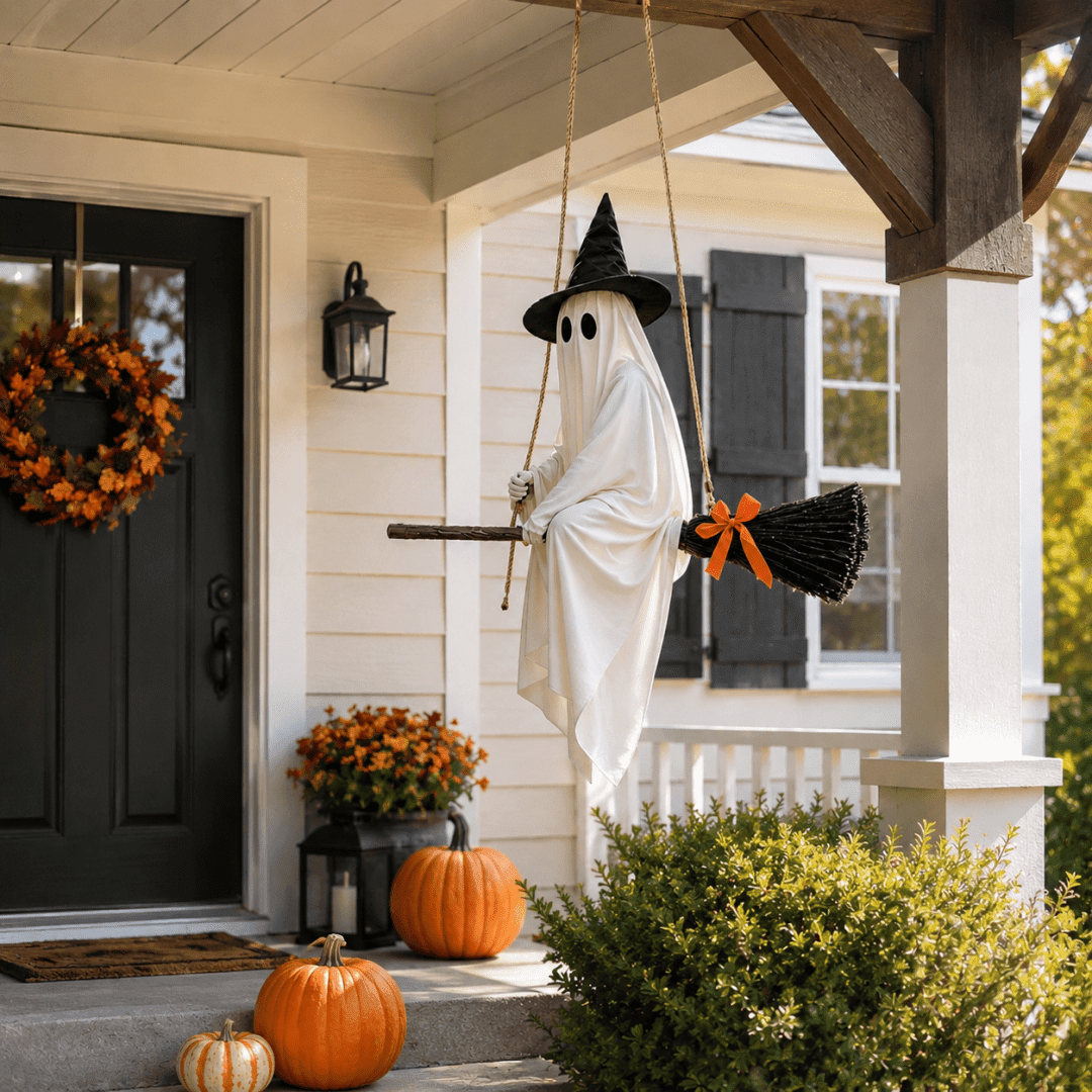 Witchwood™ LIGHTED HANGING GHOST WITCH HALLOWEEN DECORATION Floating White Ghost With Black Witch Hat Rustic Broom And Orange Bow Warm Glow