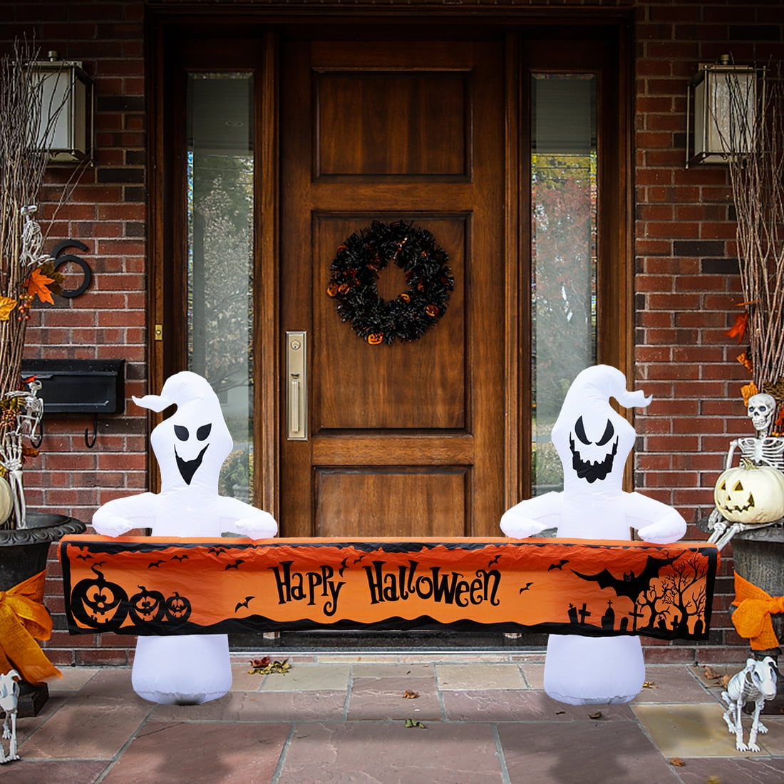Witchwood™ Large Hallowee Inflatable-8FT White Ghosts with Orange Banner Print ?Happy Halloween? LED Lights Outdoor Halloween Decorations Blow Up Decoration for Halloween Party, Yard, Garden, Lawn