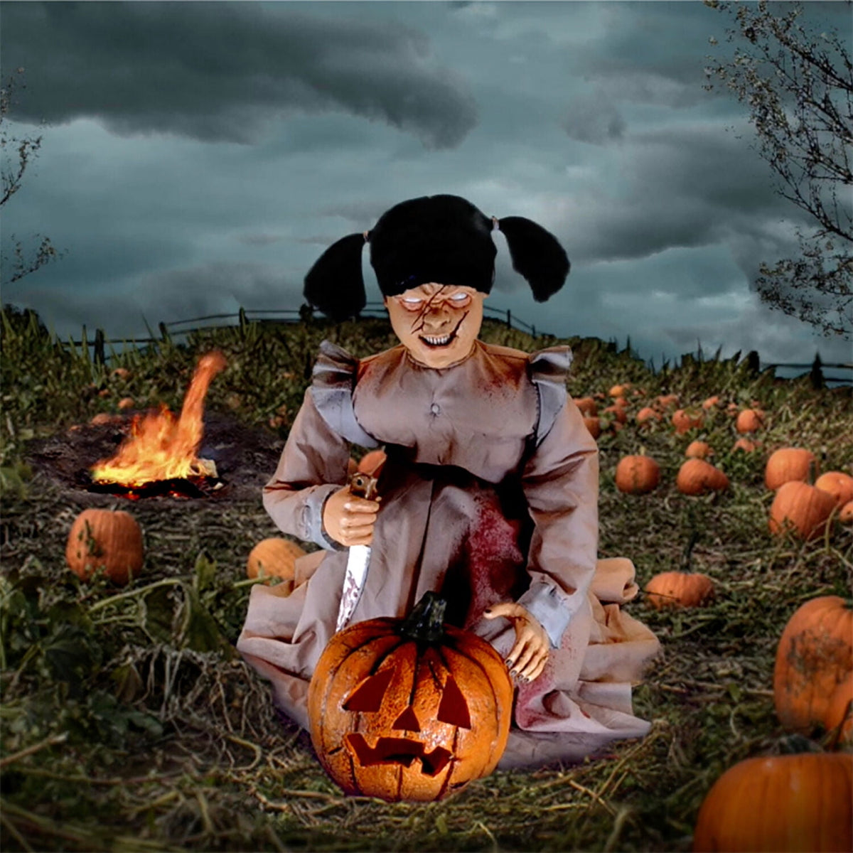 Witchwood™ Lunging Pumpkin Carver Zombie Girl with Jack O'Lantern by Tekky, 3.2 ft Premium Talking Halloween Animatronic, HHPMPCVR-FLSA