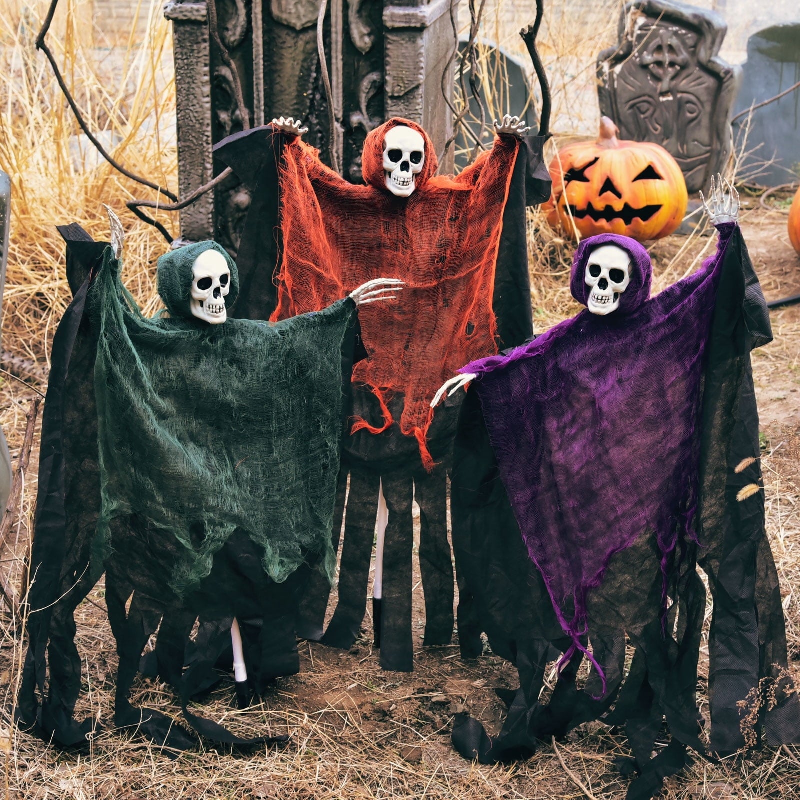Witchwood™ Nifti Nest Halloween Skeleton, 3 Pcs Ghost Decorations, Halloween Props, Halloween Yard Decorations, Black,Green,Red