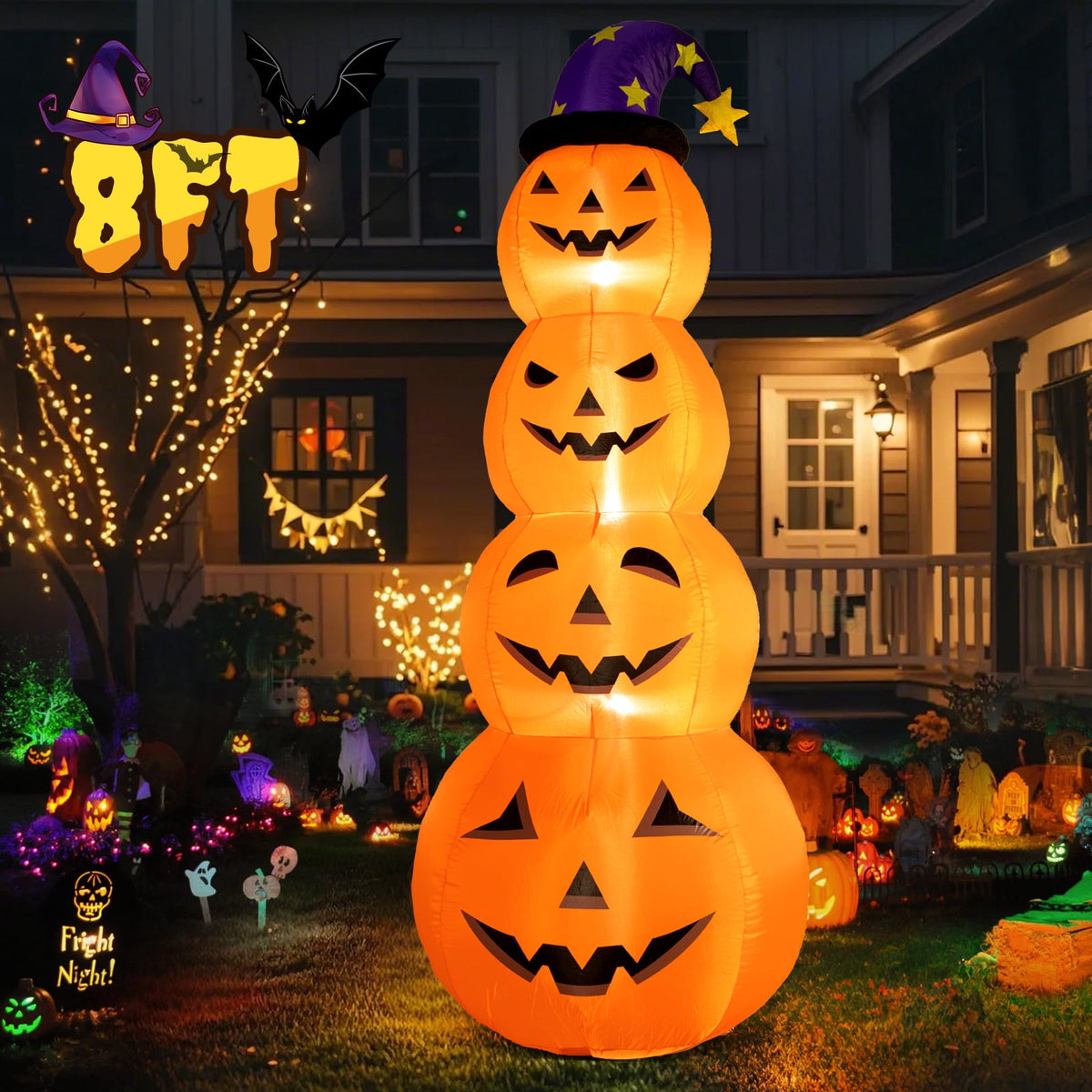 Witchwood™ 8 ft Halloween Pumpkin Stack Inflatable Decoration with Witch Hat, Lighted