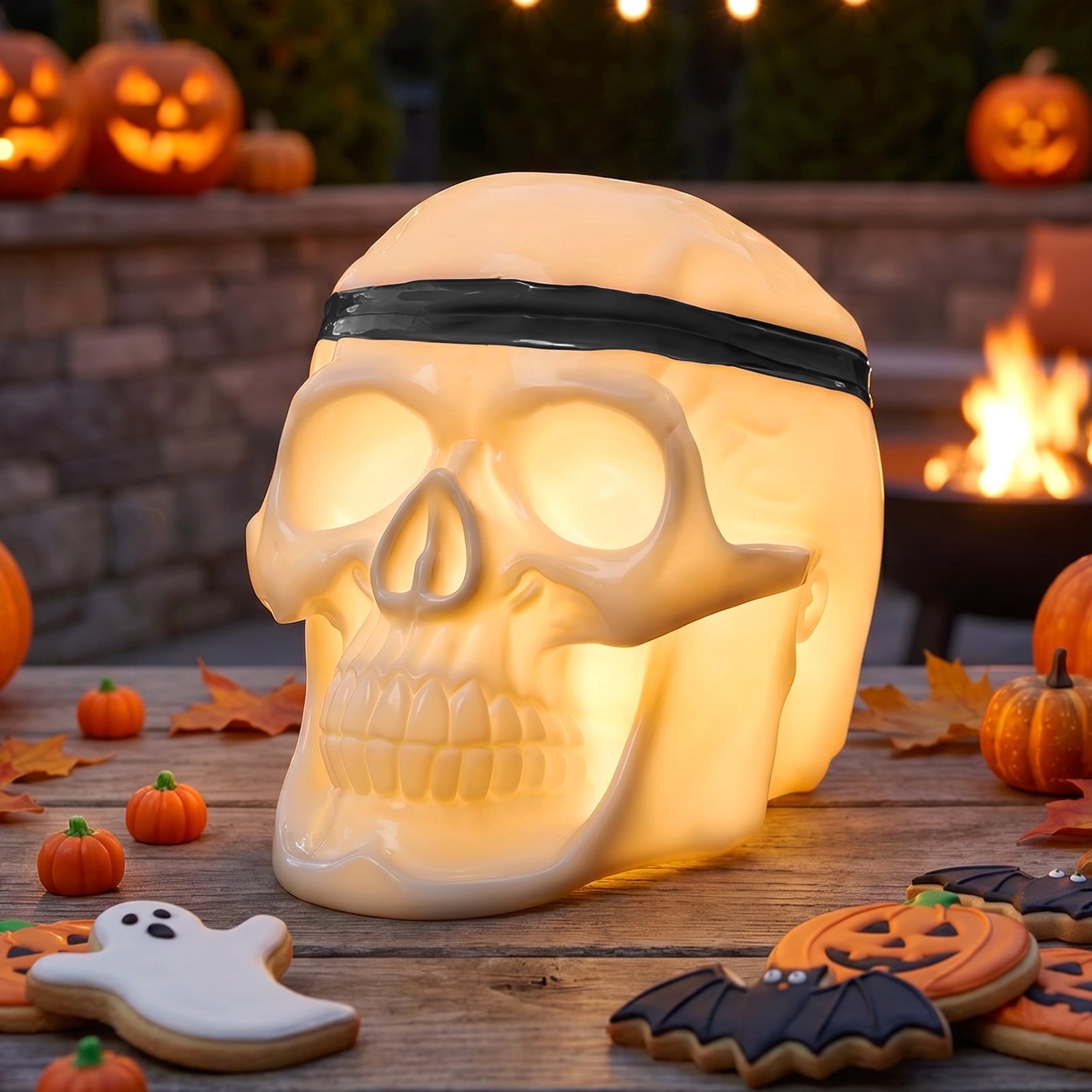 Witchwood™ Postlucky 7.5" 8-Color Dimmable LED Skull Light, Halloween Outdoor Skeleton Decor Lamp, 3 AA Battery Powered, Black Strip Accessory