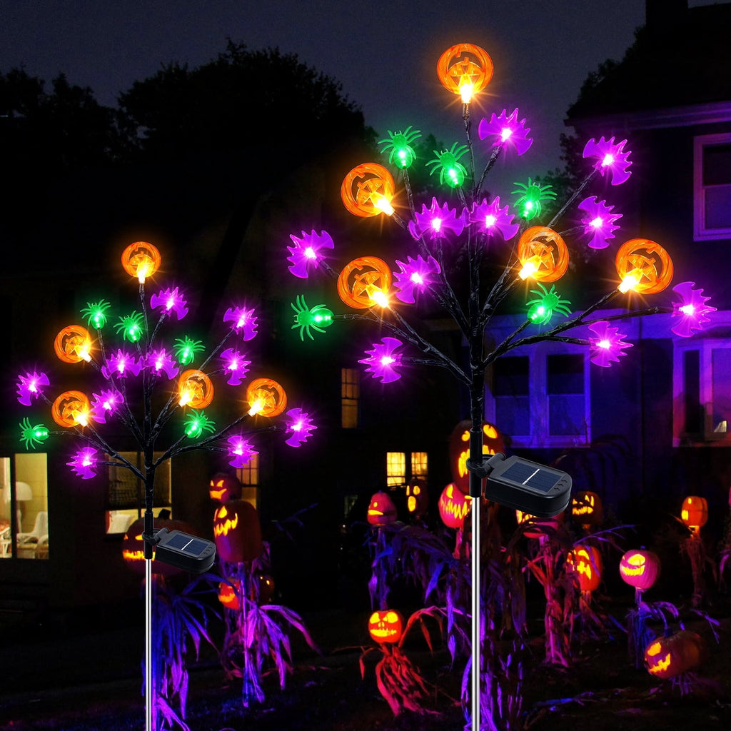 Witchwood™ 2 packs 40 LED Solar Halloween Lights, 2 Modes Halloween Bats Spiders Pumpkin Lights for Outdoor Decorations, Waterproof Stakes for Garden Yard Pathway Walkway