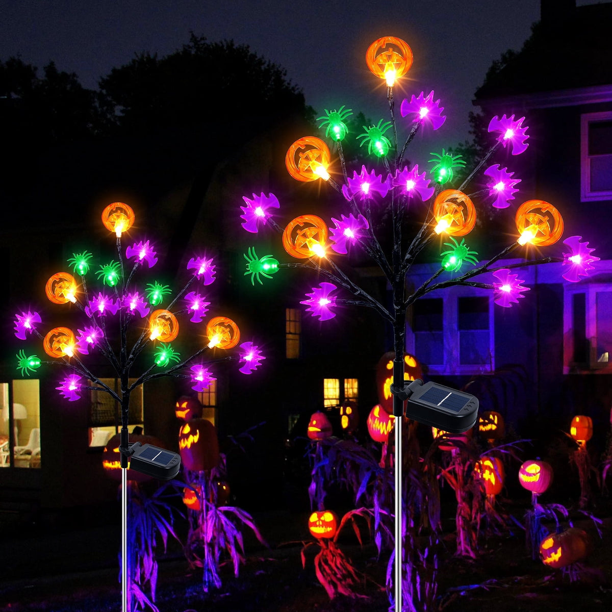 Witchwood™ 2 packs 40 LED Solar Halloween Lights, 2 Modes Halloween Bats Spiders Pumpkin Lights for Outdoor Decorations, Waterproof Stakes for Garden Yard Pathway Walkway