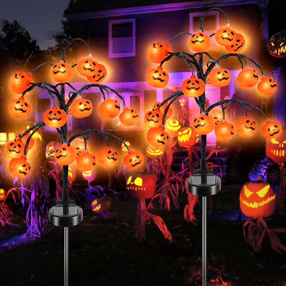 Witchwood™ 2 packs 40 LEDs Solar Halloween Pumpkin Stake Lights, 2 Modes Outdoor Waterproof Halloween Decorations, Solar Halloween Lights Stakes for Garden Yard Pathway