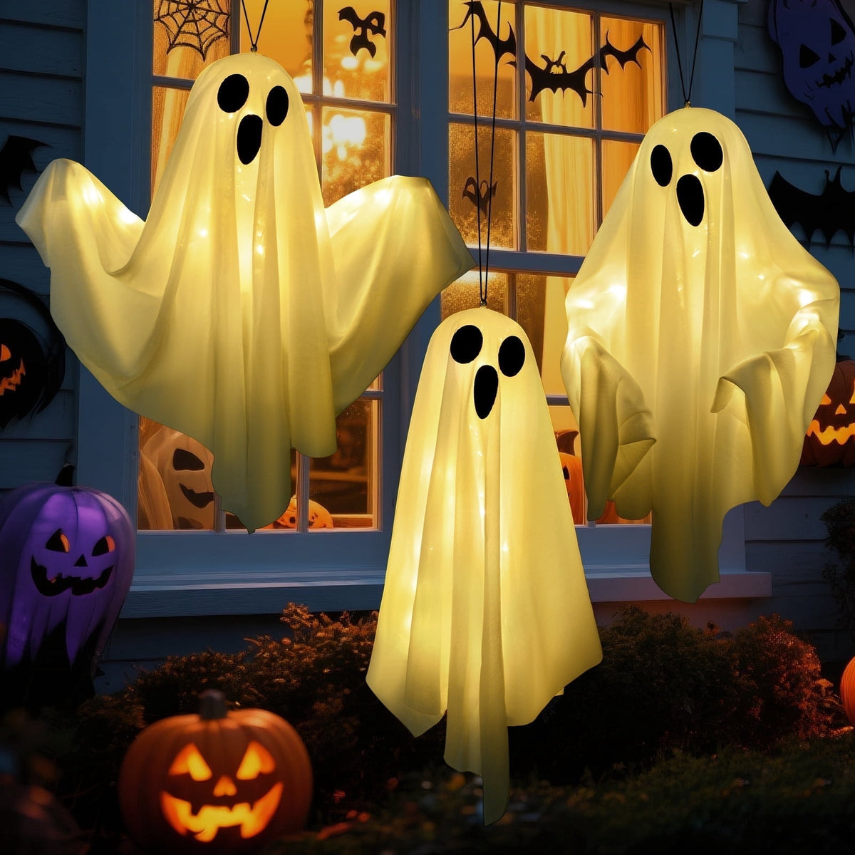 Witchwood™ 3 pack Hanging Ghosts Halloween Decor, 20 inch LED Glowing Ghost Halloween Decorations Outdoor Lights for Yard Porch Tree Garden Patio Bedroom Wall Party, Warm White