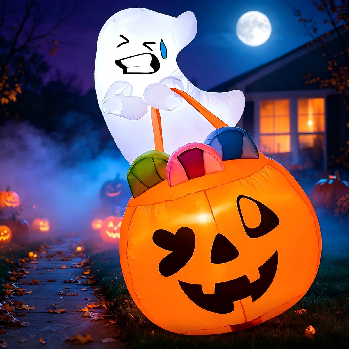 Witchwood™ 5ft Halloween Inflatables Light up Cute Ghost,Blow Up Ghost Lift Pumpkin Candy Bag with Build-in LEDs for Yard Decorations