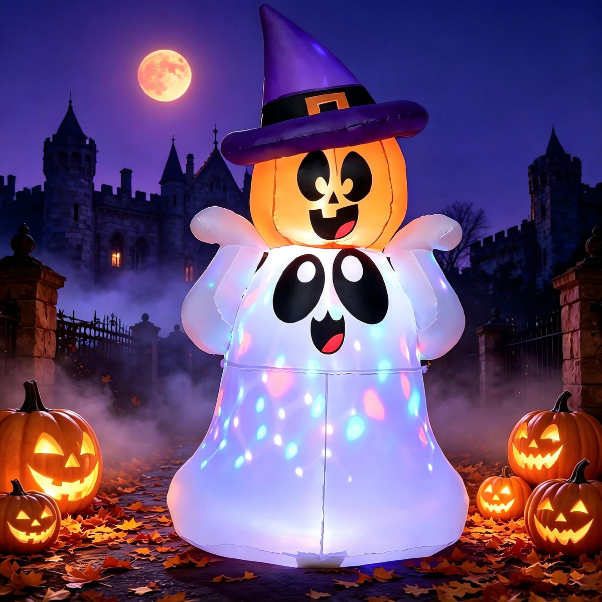 Witchwood™ 5Ft Halloween Inflatable Pumpkin Ghost with Colorful LED Lights,Halloween Blow Up Cute Decor for Indoor Outdoor Holiday Yard Decoration