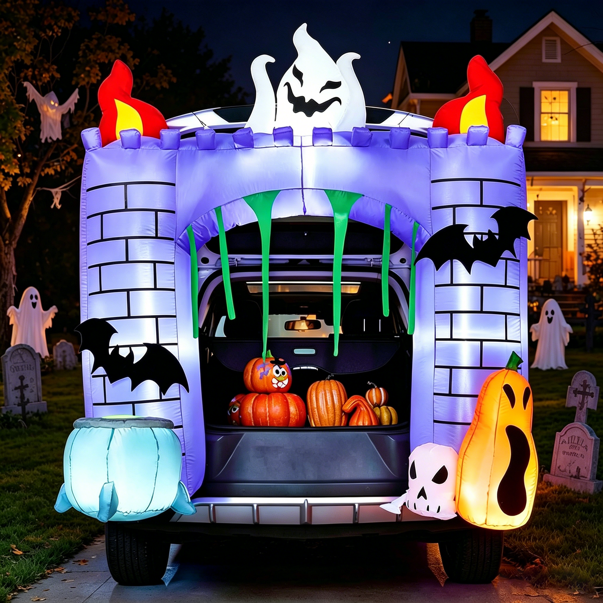 Witchwood™ 6 FT Halloween Inflatable Haunted Castle Decoration,Trunk or Treat Car Decorations Kit Ghost and Pumpkin with Built-in LED Light for Halloween Party Indoor,Outdoor,Yard,Garden Decor