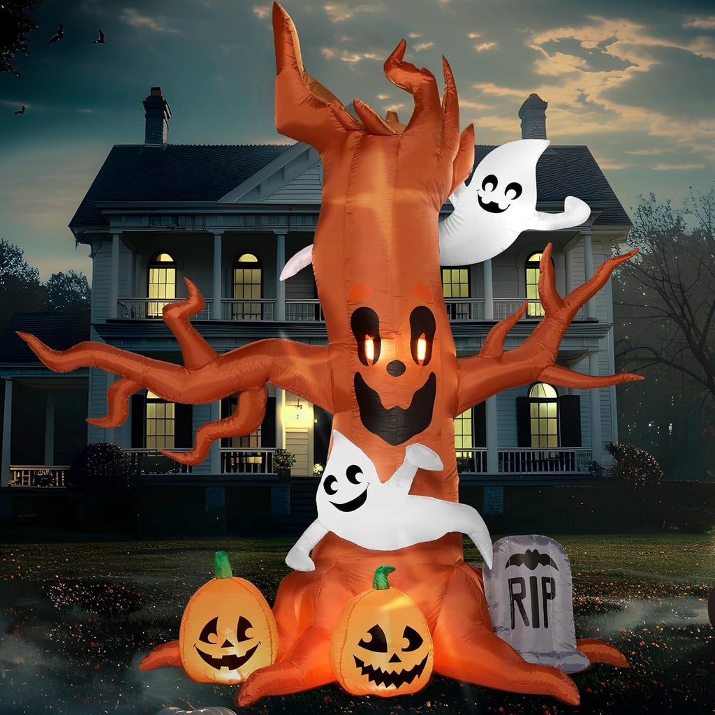 Witchwood™ 8 FT Halloween Inflatables Spooky Tree with Ghost,Pumpkin & Tombstone Tree Blow Up Decor with Built-in LED Lights for Yard,Lawn,Garden,Party,Holiday Outdoor Decorations