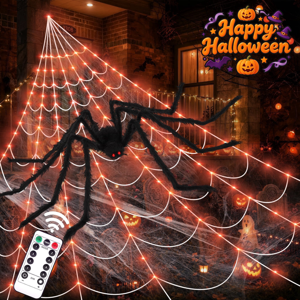 Witchwood™ Scidweet Halloween Decorations Outdoor, 350 LED Halloween Spider Web Lights with 79" Large Spider for Outside Garden Yard Home Decor, Orange