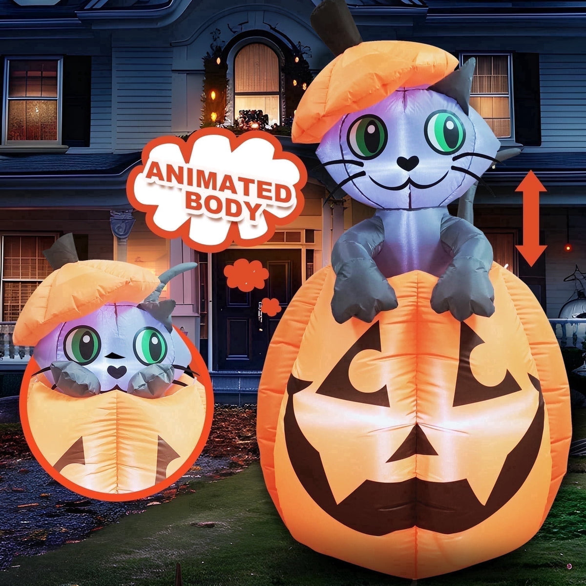 Witchwood™ 5 ft Halloween Inflatable Animated Cat on Pumpkin,Halloween Outdoor Decoration with LED Lights,Blow Up Decoration for Yard & Lawn,Party