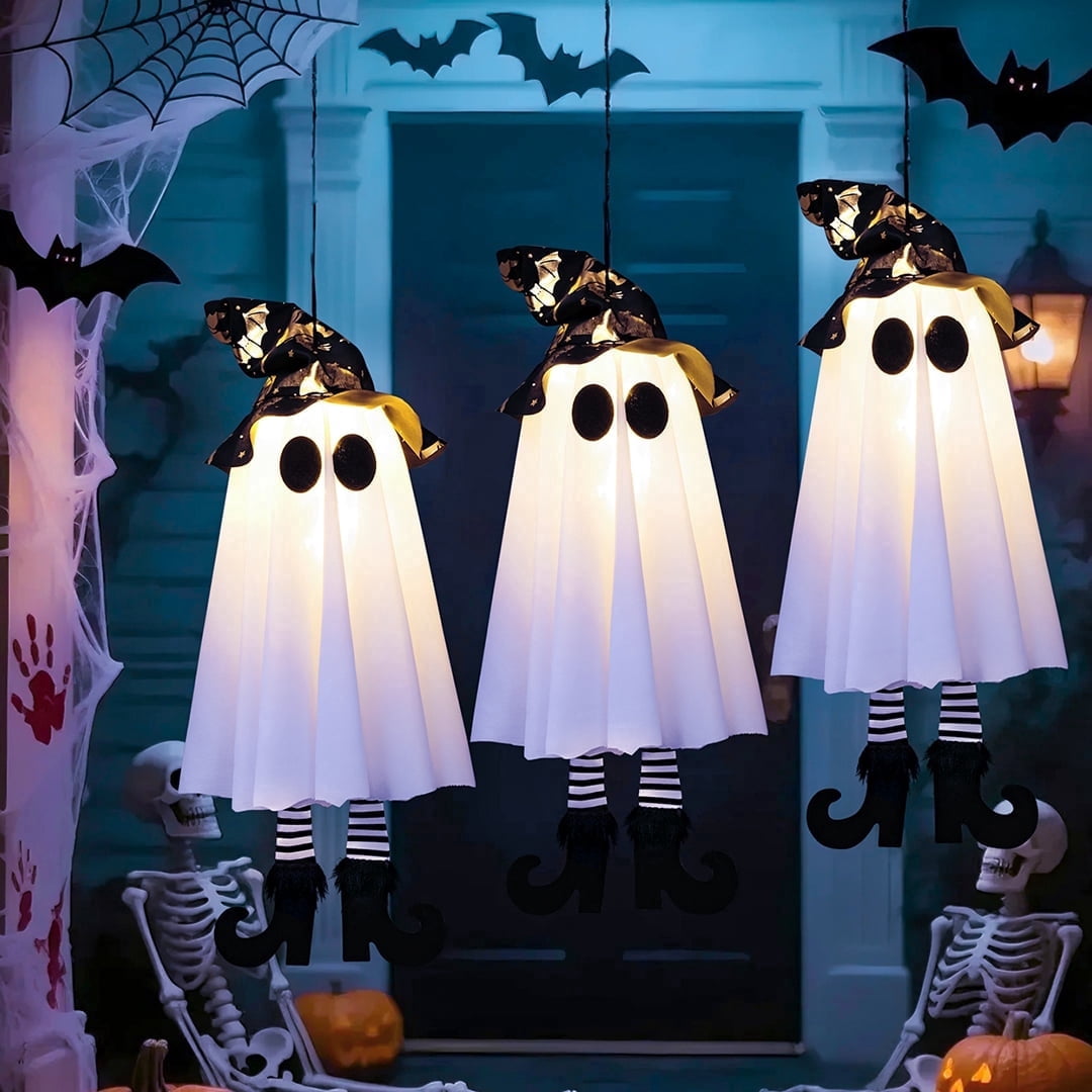 Witchwood™ 18In Set of 3 Halloween Hanging Ghosts,Halloween Decorations Outdoor Hanging Ghosts with Witch Hat,Glowing Ghost Witch Hat Lights Halloween Ghost Decor for Yard Patio Garden Tree Outside