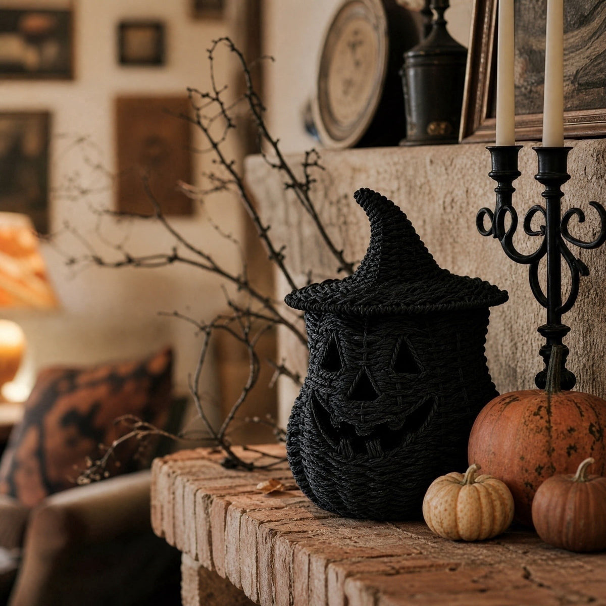 Witchwood™ THOPBPRK 2026 Black Halloween Woven Pumpkin Jack-O'-Lantern, Pumpkin, USE LED Candle, Rattan Fall for Home, 1Pack 11.8 Inch A