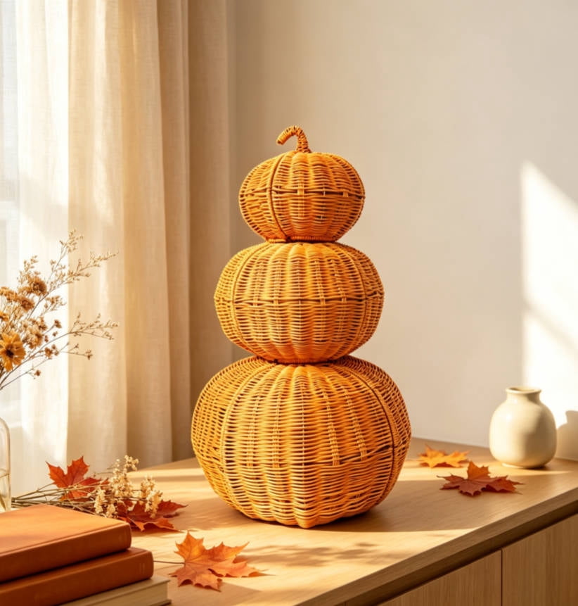 Witchwood™ THOPBPRK 2026 Black Halloween Woven Pumpkin Jack-O'-Lantern, Pumpkin, USE LED Candle, Rattan Fall for Home, 1Pack 11.8 Inch A
