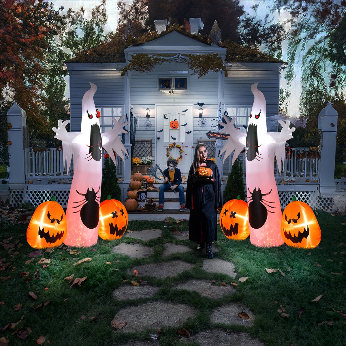 Witchwood™ 12 ' Halloween Ghost & Pumpkin Outdoor Halloween Inflatables for Patio Garden Decor,1 Pcs
