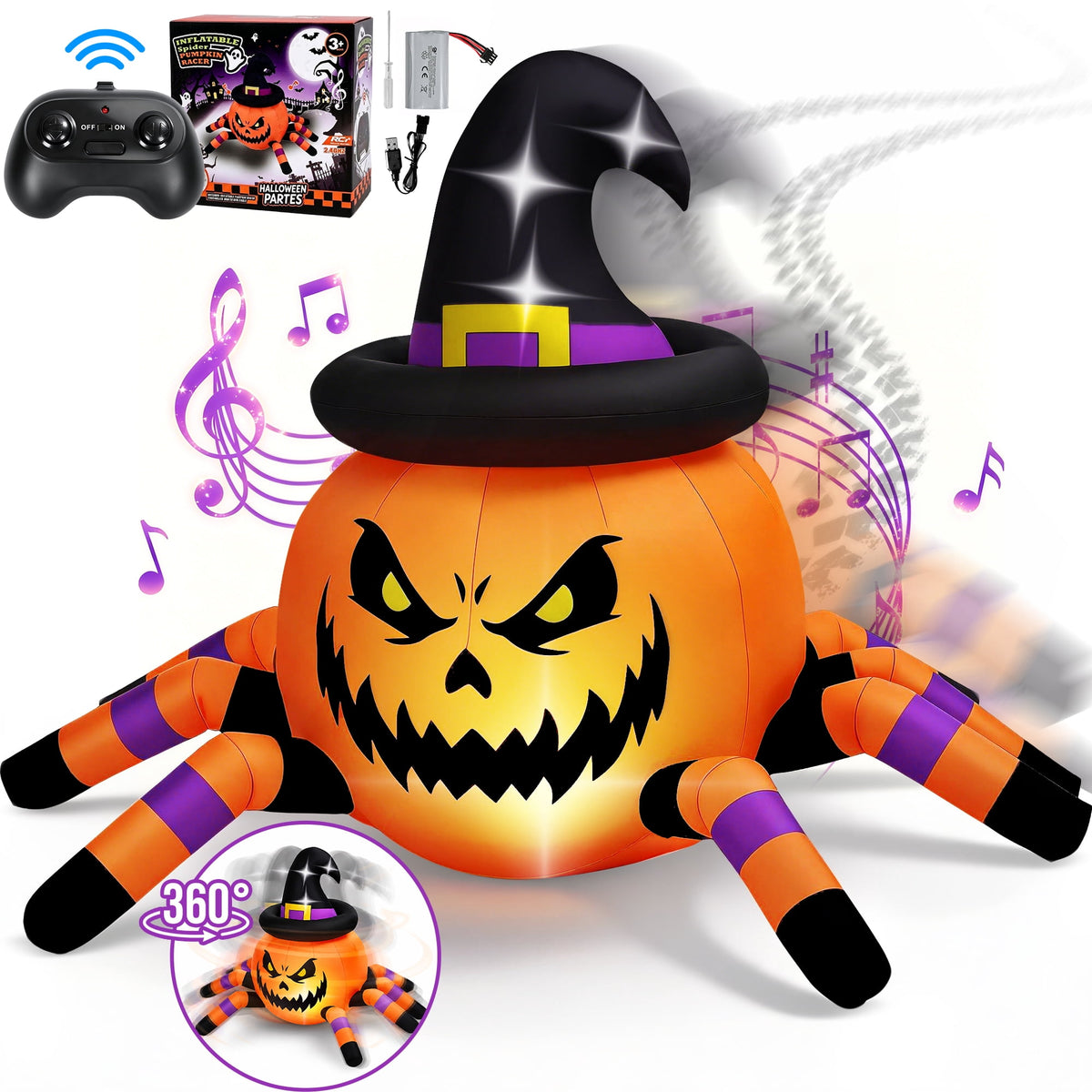 Witchwood™ 2.6ft Halloween Inflatable with Music and Lights,Remote Control Pumpkin Ghost Car,Blow ups Rc Car,Indoor Outdoor,Orange Green