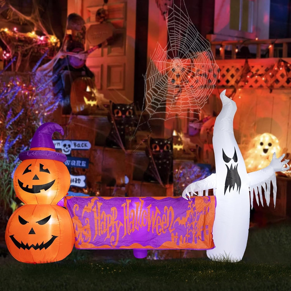 Witchwood™ Large Hallowee Inflatable-8FT White Ghosts with Orange Banner Print - Happy Halloween - LED Lights Outdoor Blow Up Decoration