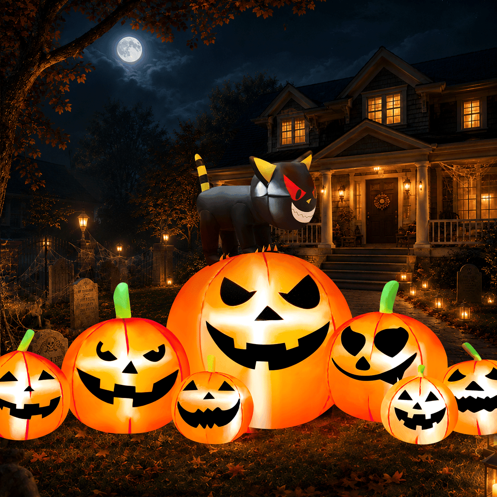 Witchwood™ 8.1FT Halloween Inflatable Pumpkin Stack, 7 Glitter Pumpkins with Black Cat and LED Lights, Outdoor Yard & Garden Decor