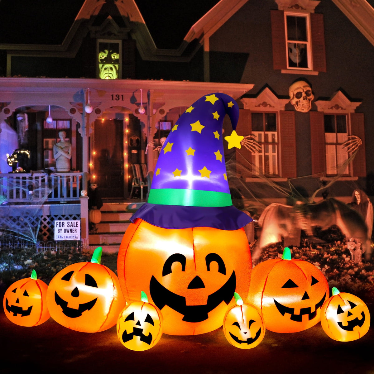 Witchwood™ 8.7FT Halloween Inflatable Pumpkin Set, 7-Pumpkin Outdoor Decoration with Witch Hats and LED Lights for Yard, Garden, Lawn