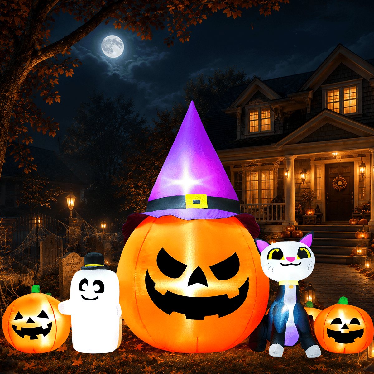 Witchwood™ 8ft Halloween Inflatable Pumpkin & Black Cat Ghost with LED Lights ? Outdoor Yard & Garden Decoration