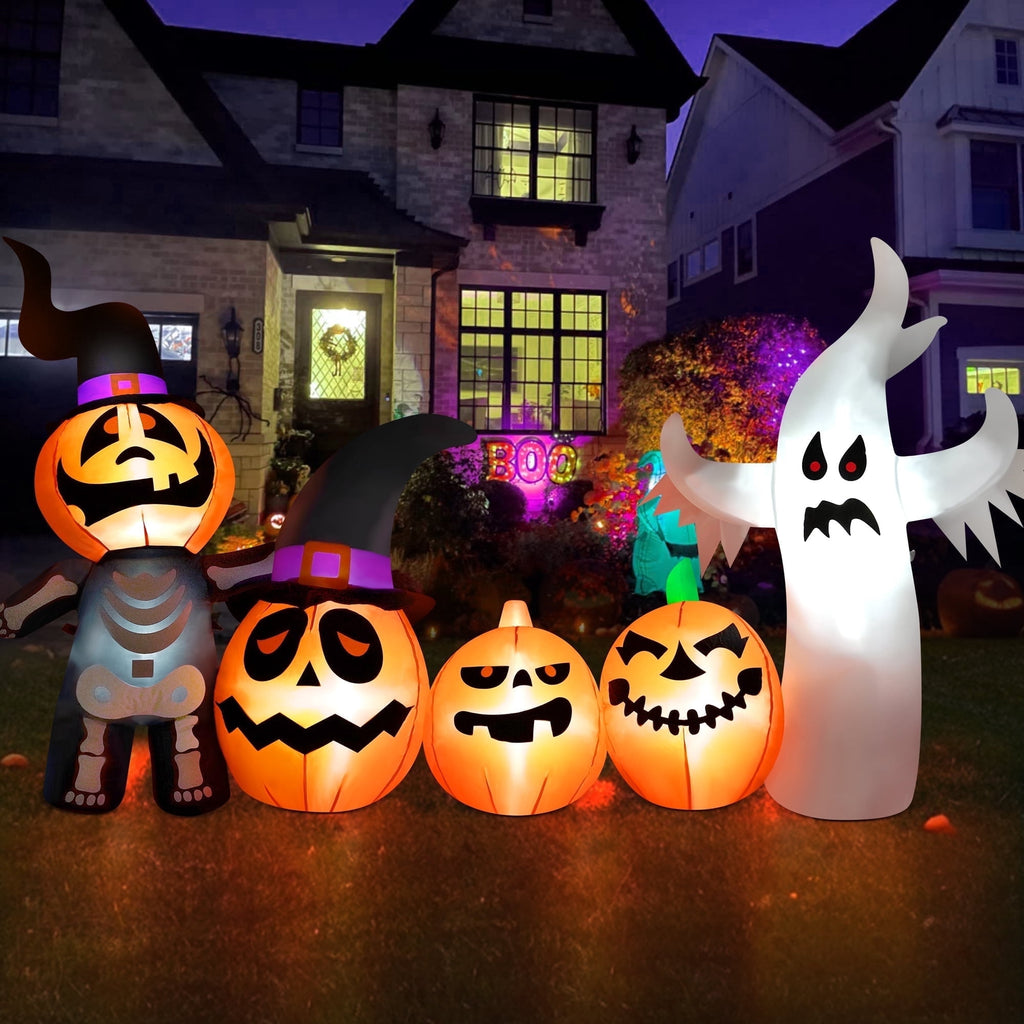 Witchwood™ Vrilay Halloween Inflatables, 7 FT Long 4 Pumpkins with Cute White Ghost Outdoor Decorations, Built-in LEDs, Blow Up Party, Waterproof Yard, Garden, Lawn Decor