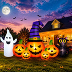 Witchwood™ 8FT Long Halloween Inflatable Pumpkin with Ghost and Black Cat,Outdoor Halloween Decoration with LED Lights for Yard Lawn Garden Porch Party Decor