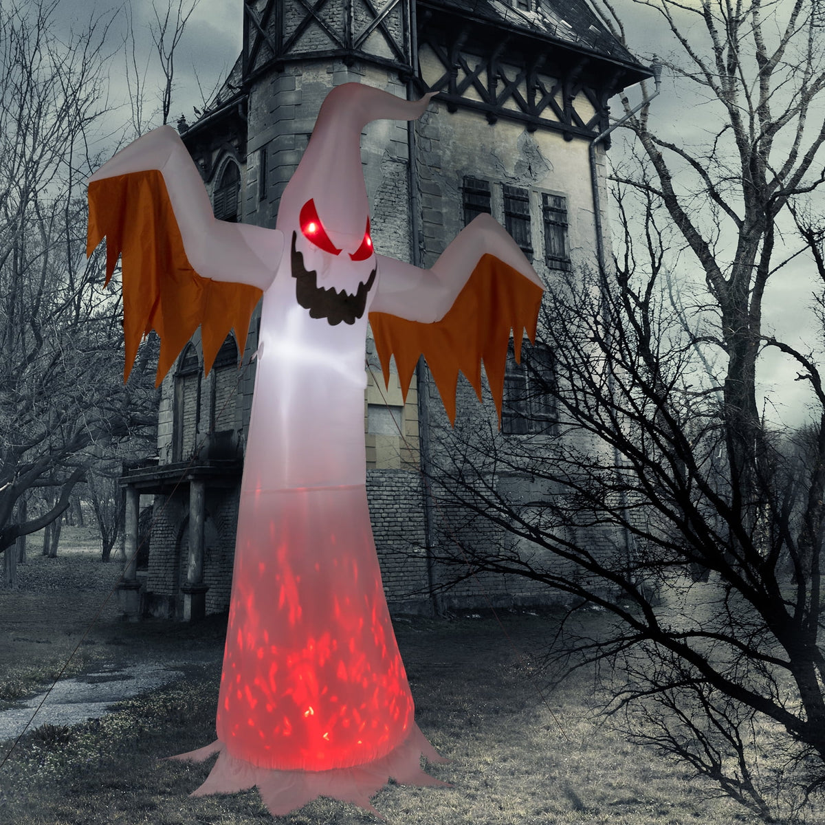 Witchwood™ 12FT Halloween Inflatables Ghost Outdoor Halloween Decoration w/ Scary Flames,4pcs LED Lights