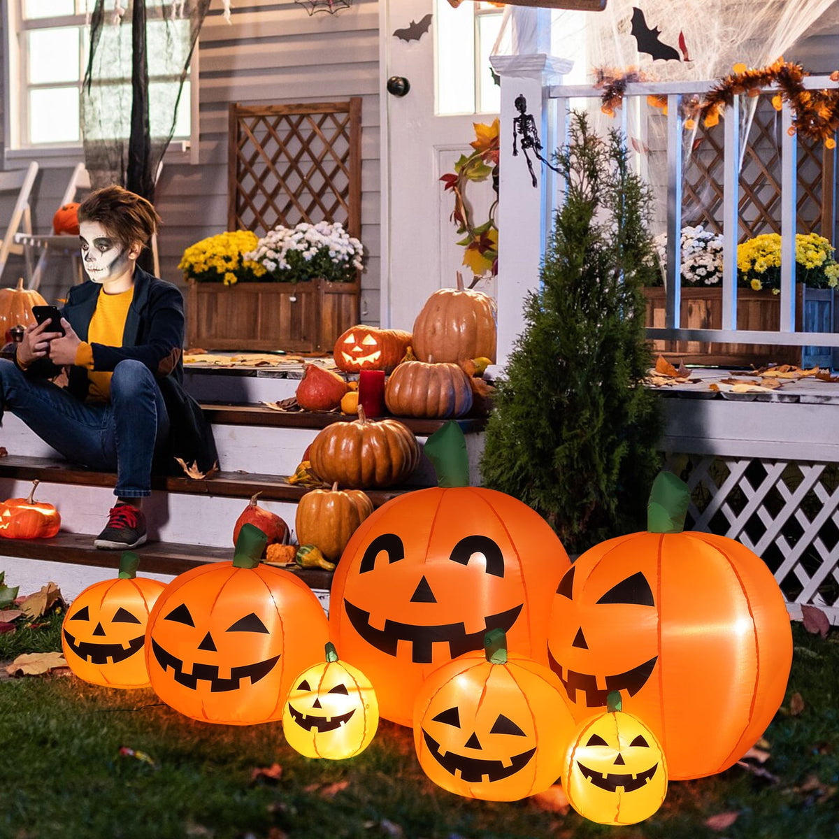 Witchwood™ 7 FT Halloween Inflatables Pumpkin, Halloween Decoration 7 Blow up Pumpkins w/ Build-in LEDs for Halloween Party