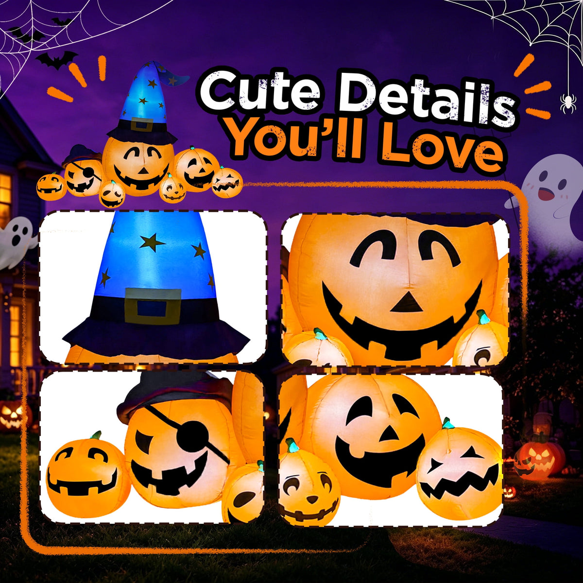 Witchwood™ 8.7ft Long Halloween Inflatable Pumpkin Decoration with Built-in LED Lights, Large Outdoor Blow-Up Yard Decor for Lawn, Garden, Porch, Haunted House and Halloween Party