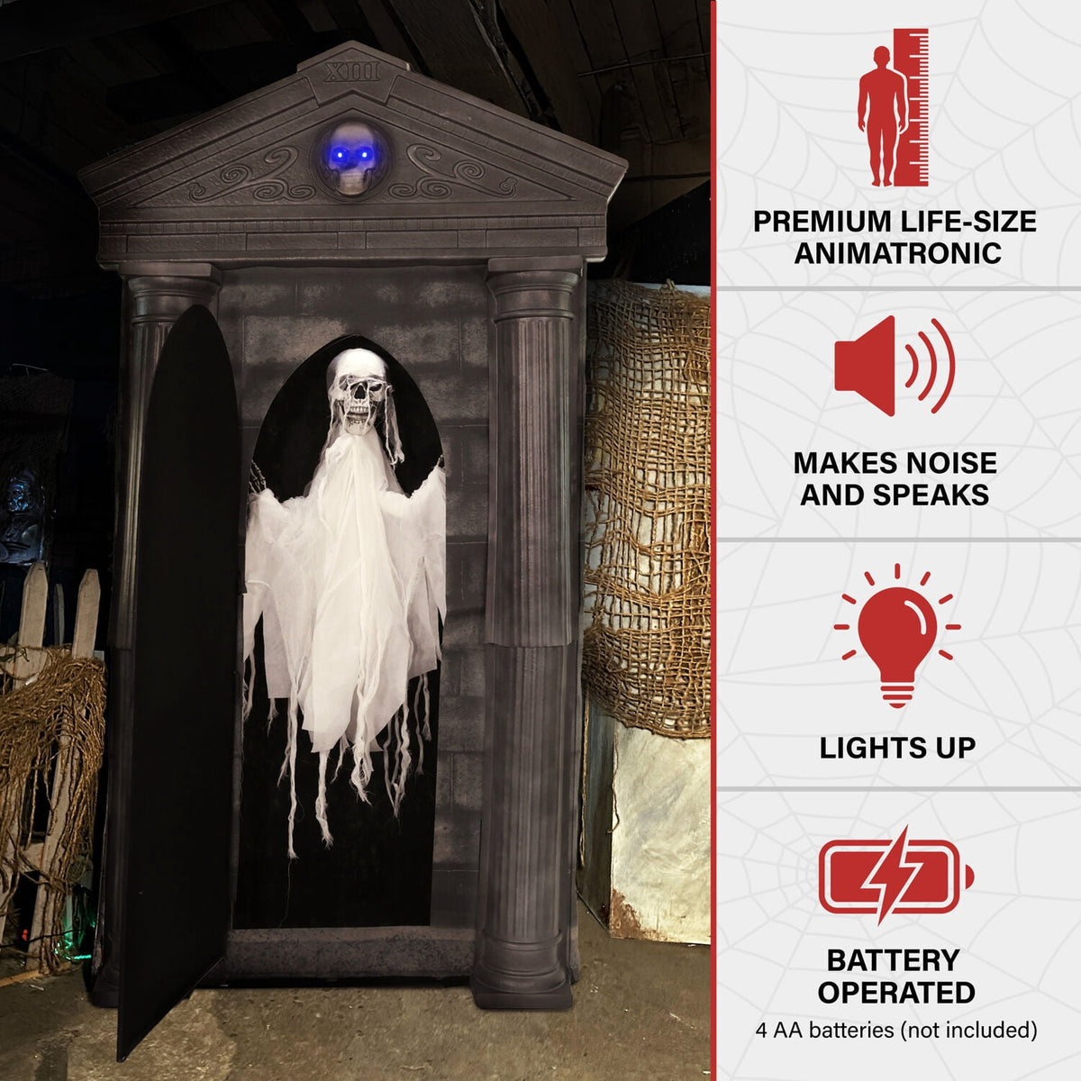 Witchwood™ 6.7 ft. Motion-Triggered Mausoleum Halloween Animatronic by Tekky, HHMAUSOLEUM-1FLSA