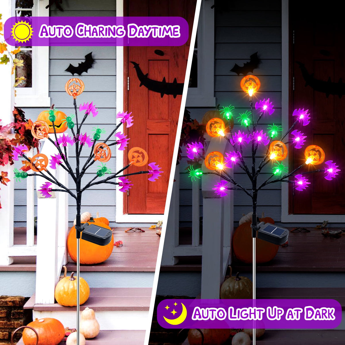 Witchwood™ 2 packs 40 LED Solar Halloween Lights, 2 Modes Halloween Bats Spiders Pumpkin Lights for Outdoor Decorations, Waterproof Stakes for Garden Yard Pathway Walkway