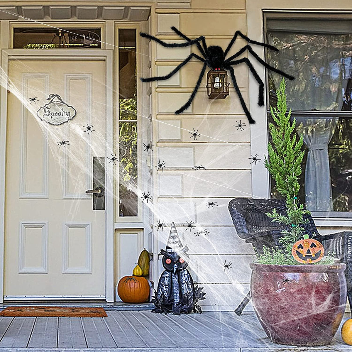 Witchwood™ Vafful Halloween Decoration Outdoor Yrad Spider Web 275'' and 59'' Giant Spider with 20 pcs Small Spider and 40g Stretch Cobwebs for Indoor Outdoor Yard Haunted House Party Halloween Decor