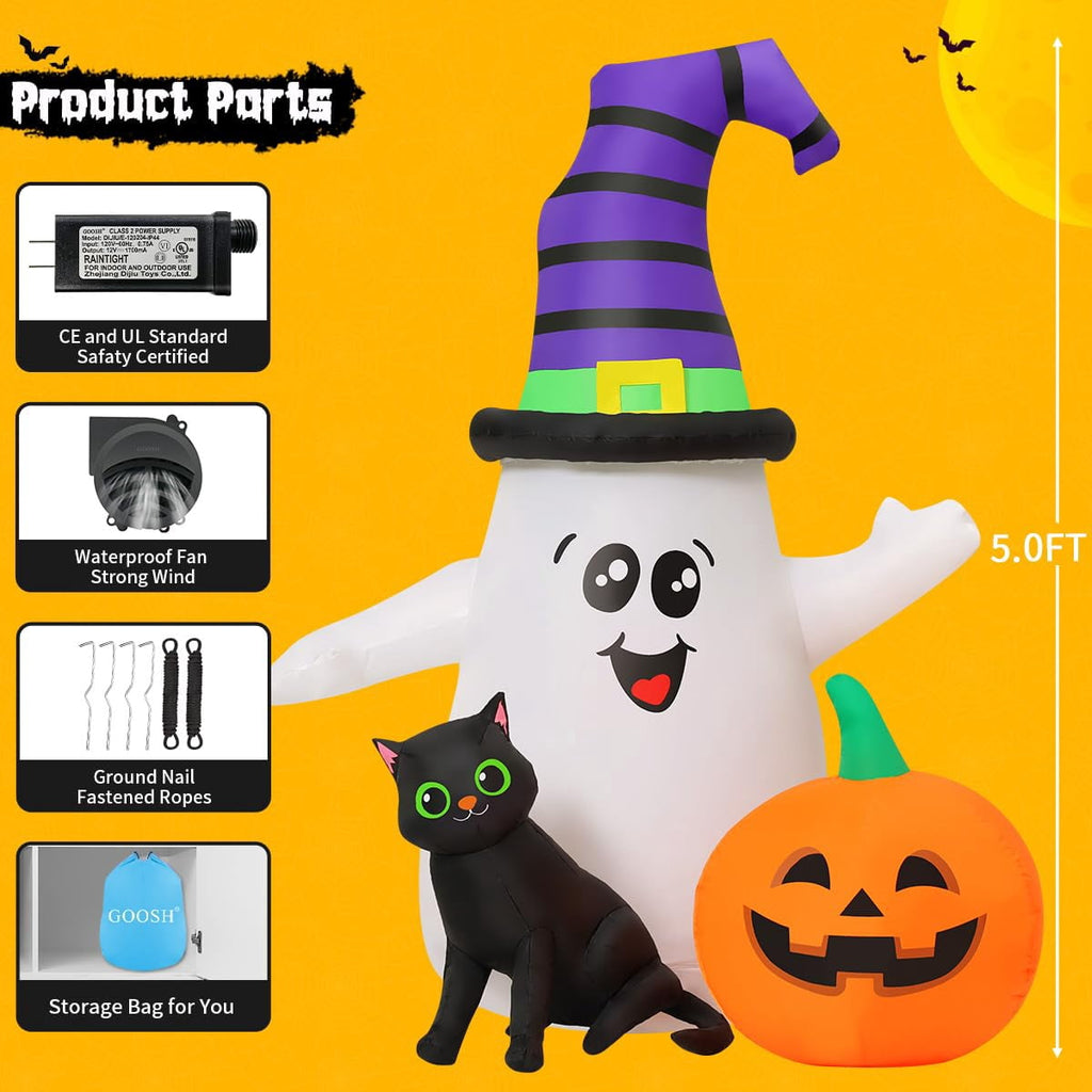 Witchwood™ Halloween Inflatables 5 FT Halloween Ghost Inflatable with LED Lights, Cute Ghost Blow Up with Wizard Hat Pumpkin Black Cat, Outdoor Halloween Decorations for Halloween Holiday Indoor Outdoor