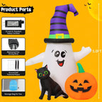 Witchwood™ Halloween Inflatables 5 FT Halloween Ghost Inflatable with LED Lights, Cute Ghost Blow Up with Wizard Hat Pumpkin Black Cat, Outdoor Halloween Decorations for Halloween Holiday Indoor Outdoor