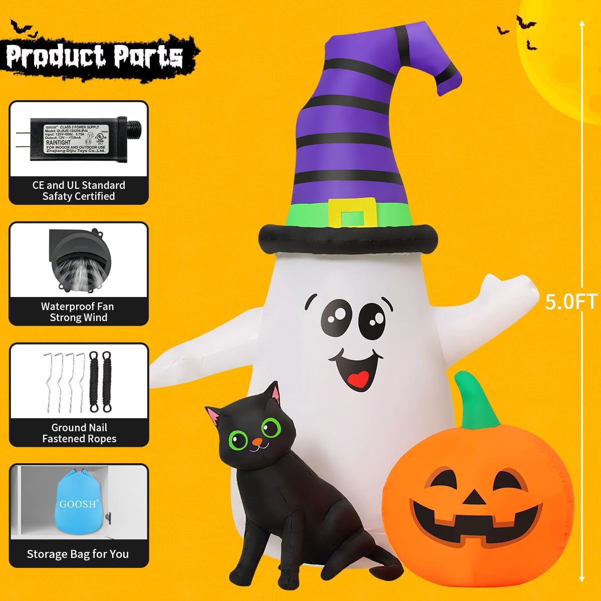 Witchwood™ Halloween Inflatables 5 FT Halloween Ghost Inflatable with LED Lights, Cute Ghost Blow Up with Wizard Hat Pumpkin Black Cat, Outdoor Halloween Decorations for Halloween Holiday Indoor Outdoor