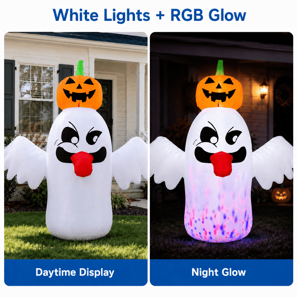Witchwood™ 6FT Halloween Inflatable Ghost with Pumpkin Head, Light-Up Blow Up Outdoor Yard Decoration with White and RGB LED Lights