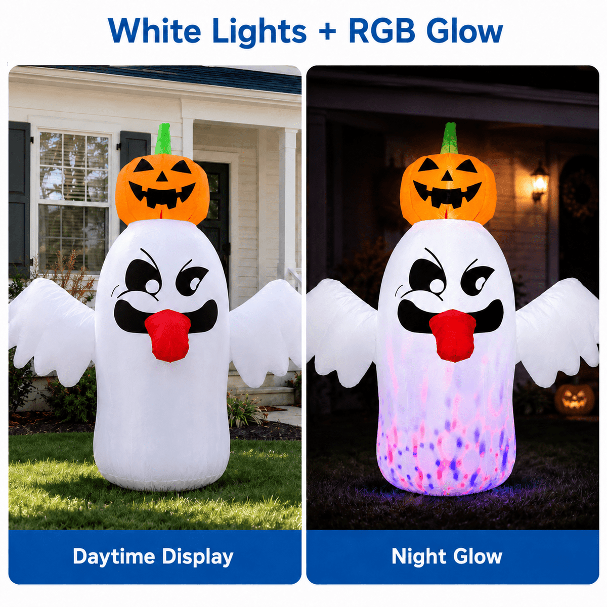 Witchwood™ 6FT Halloween Inflatable Ghost with Pumpkin Head, Light-Up Blow Up Outdoor Yard Decoration with White and RGB LED Lights