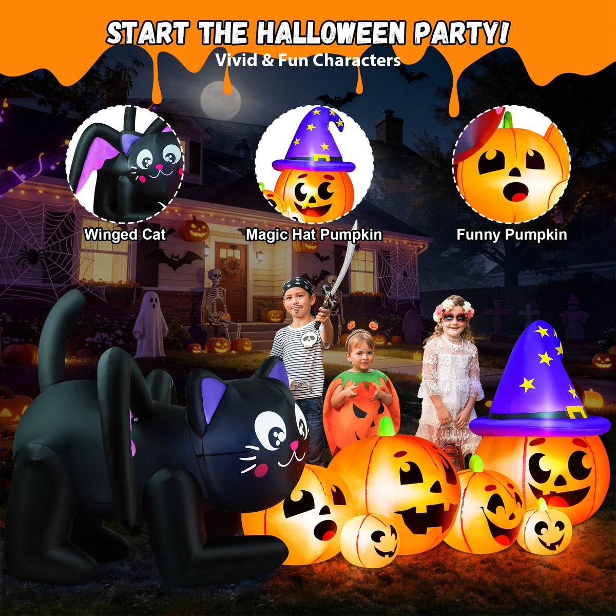 Witchwood™ 9FT Halloween Inflatable Black Cat with Pumpkin,Halloween Yard Decoration with 8 LED Lights,Blow Up Outdoor Lawn Decor