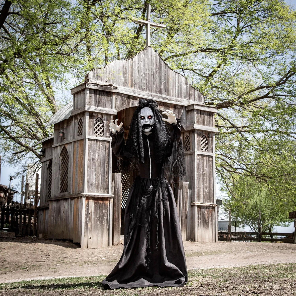 Witchwood™ 5 Ft. 6" Jaw-Dropping Scary Bride with Black Dress Standing Halloween Decoration
