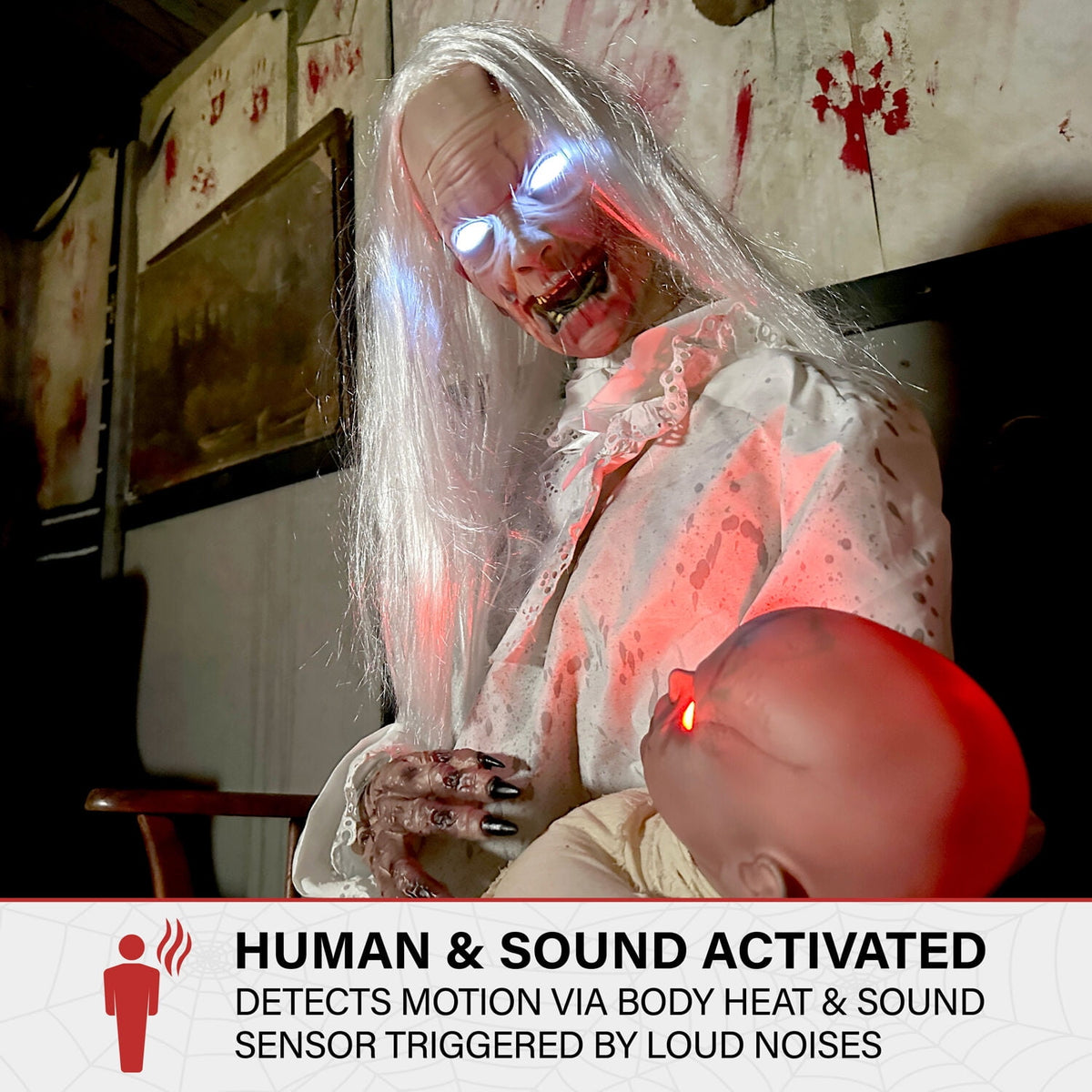 Witchwood™ 2.9 ft Animatronic Gravely Granny by Tekky Halloween Decoration with Motion-Activated Sounds, HHGRVLYGRNY-1FLSA