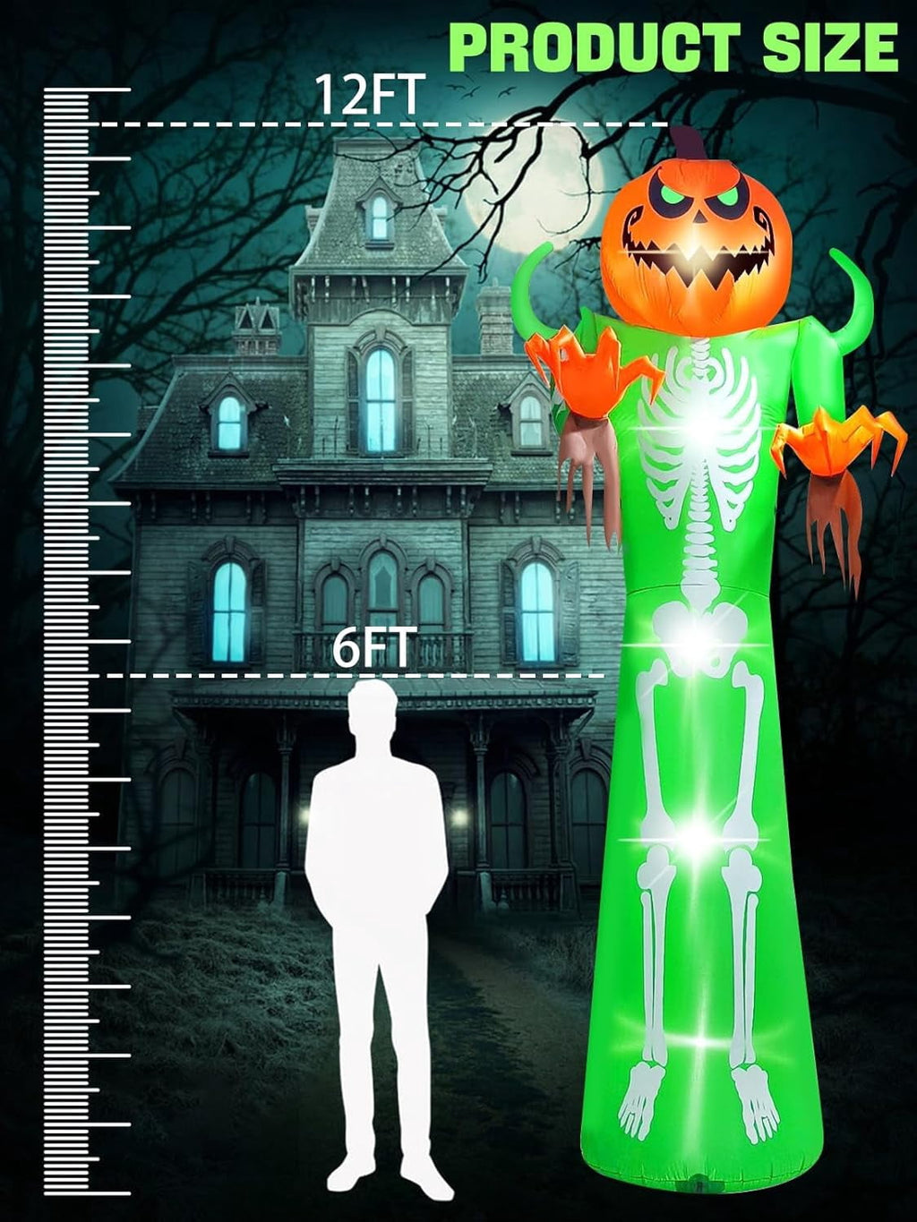 Witchwood™ 12FT Halloween Inflatable with LED Lights ? Giant Pumpkin & Skeleton Outdoor Decoration for Yard, Lawn, Home, & Party ? Scary Blow-Up Halloween Holiday Decor